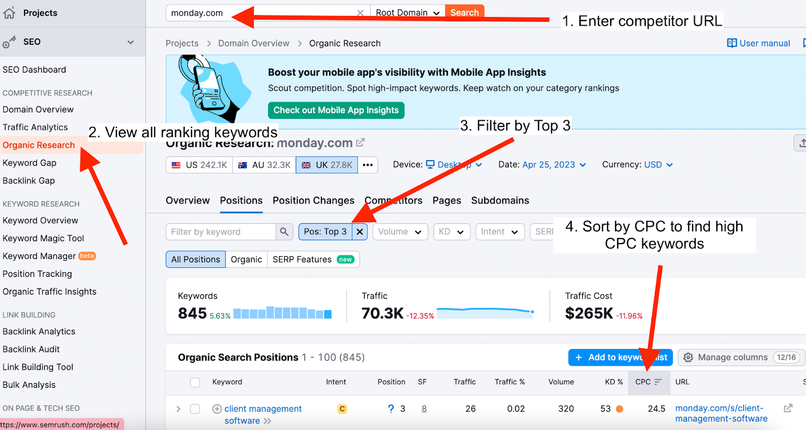 Screenshot from the Semrush tool showing how to find keywords with a high CPC.